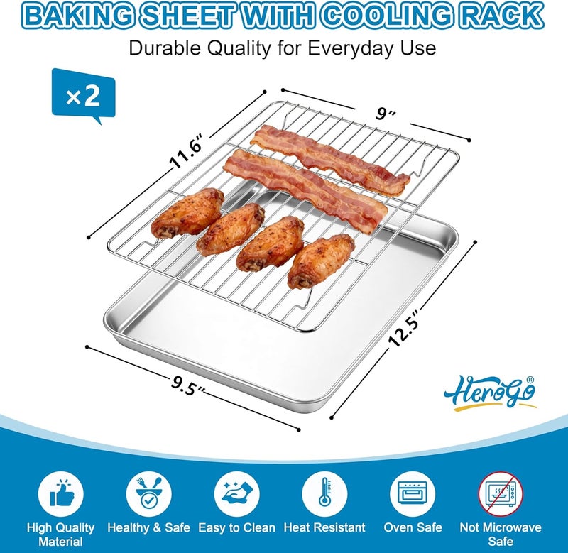 Herogo Stainless Steel Baking Sheet with Wire Rack Set(2 Pans + 2 Racks), 12.5×10×1 Inch Rectangle Cookie Sheet Bakeware Set for Oven, Heavy Duty & Dishwasher Safe- Medium - Image 2