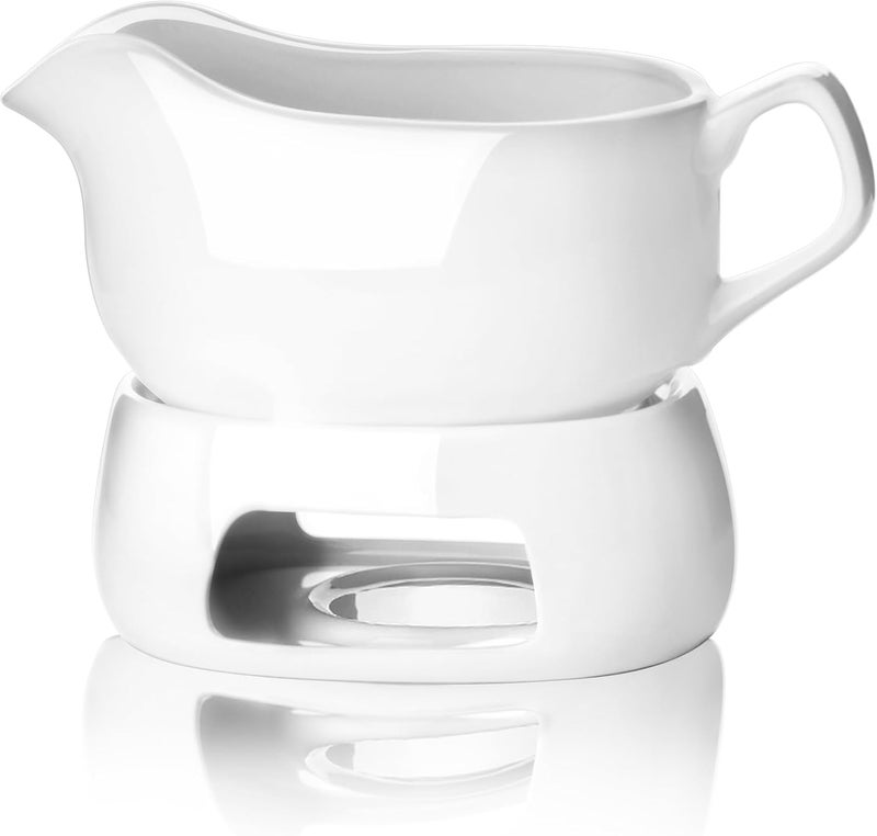 Nucookery Large 20 Oz Gravy Boat with Warmer, White Fine Porcelain Saucier with Big Dripless Lip Spout, Gravy Bowl For Thanksgiving, Warming Sauces, Salad Dressings, Microwave & Freezer Safe(Modern) - Image 1