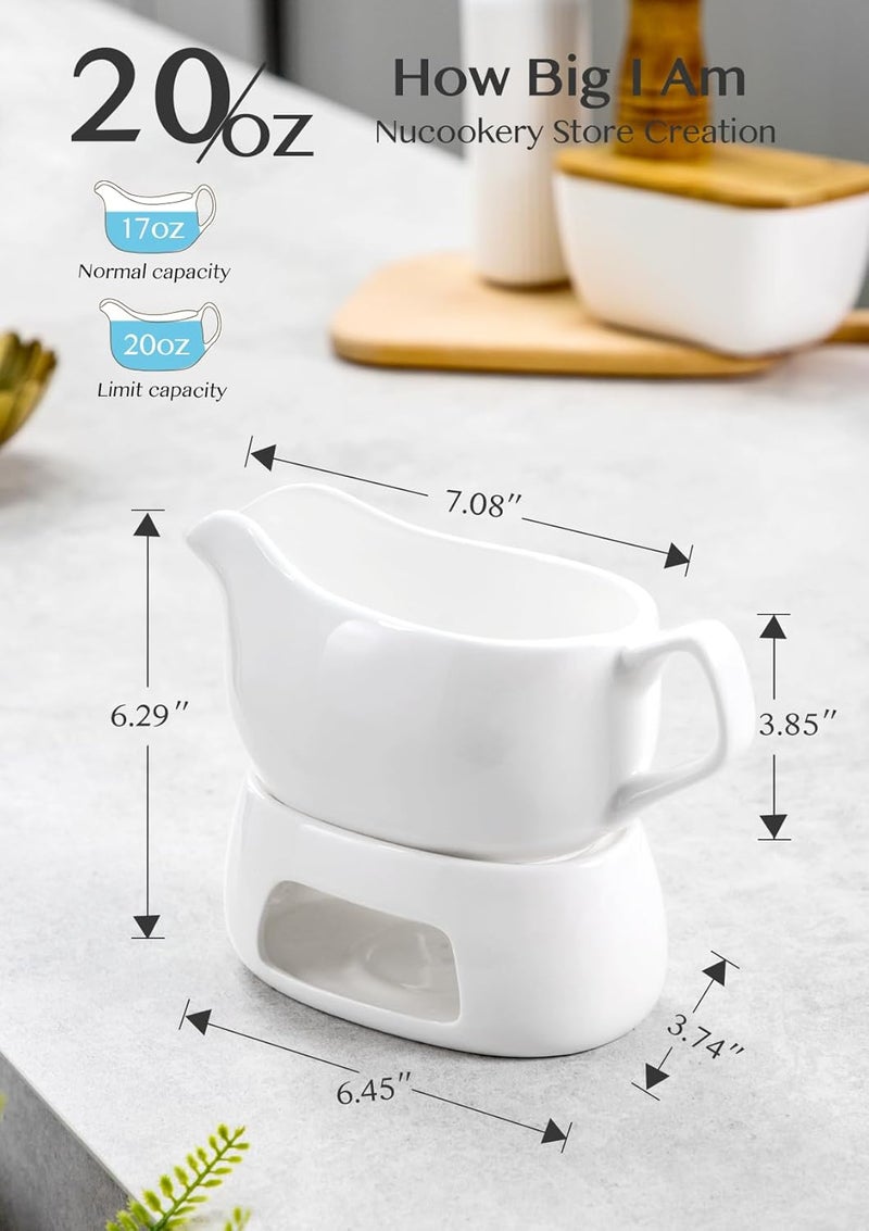Nucookery Large 20 Oz Gravy Boat with Warmer, White Fine Porcelain Saucier with Big Dripless Lip Spout, Gravy Bowl For Thanksgiving, Warming Sauces, Salad Dressings, Microwave & Freezer Safe(Modern) - Image 2