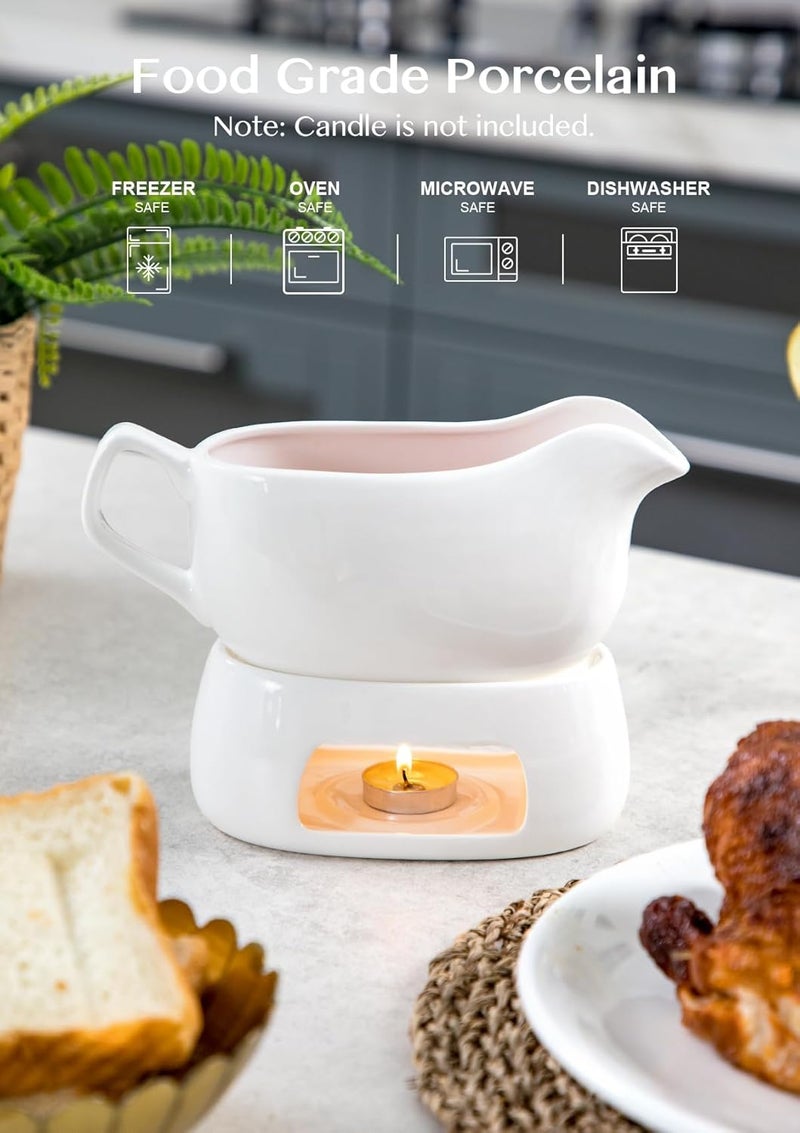 Nucookery Large 20 Oz Gravy Boat with Warmer, White Fine Porcelain Saucier with Big Dripless Lip Spout, Gravy Bowl For Thanksgiving, Warming Sauces, Salad Dressings, Microwave & Freezer Safe(Modern) - Image 3