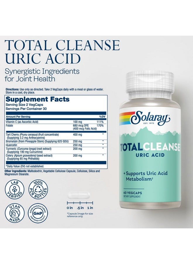 Solaray - Solaray Total Cleanse Uric Acid - Joint Health Supplement - Powerful Joint Support and Uric Acid Cleanse with Tart Cherry Extract, Celery Seed, Turmeric Extract - 60-Day Guarantee, 30 Serv, 60 VegCaps - Image 1