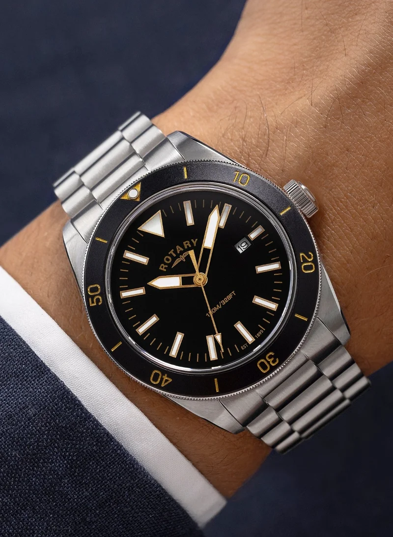 Rotary  Men's Apex 100 Analogue Watch, 41 mm, Black Dial, Stainless Steel Bracelet for Men | Best Price UAE