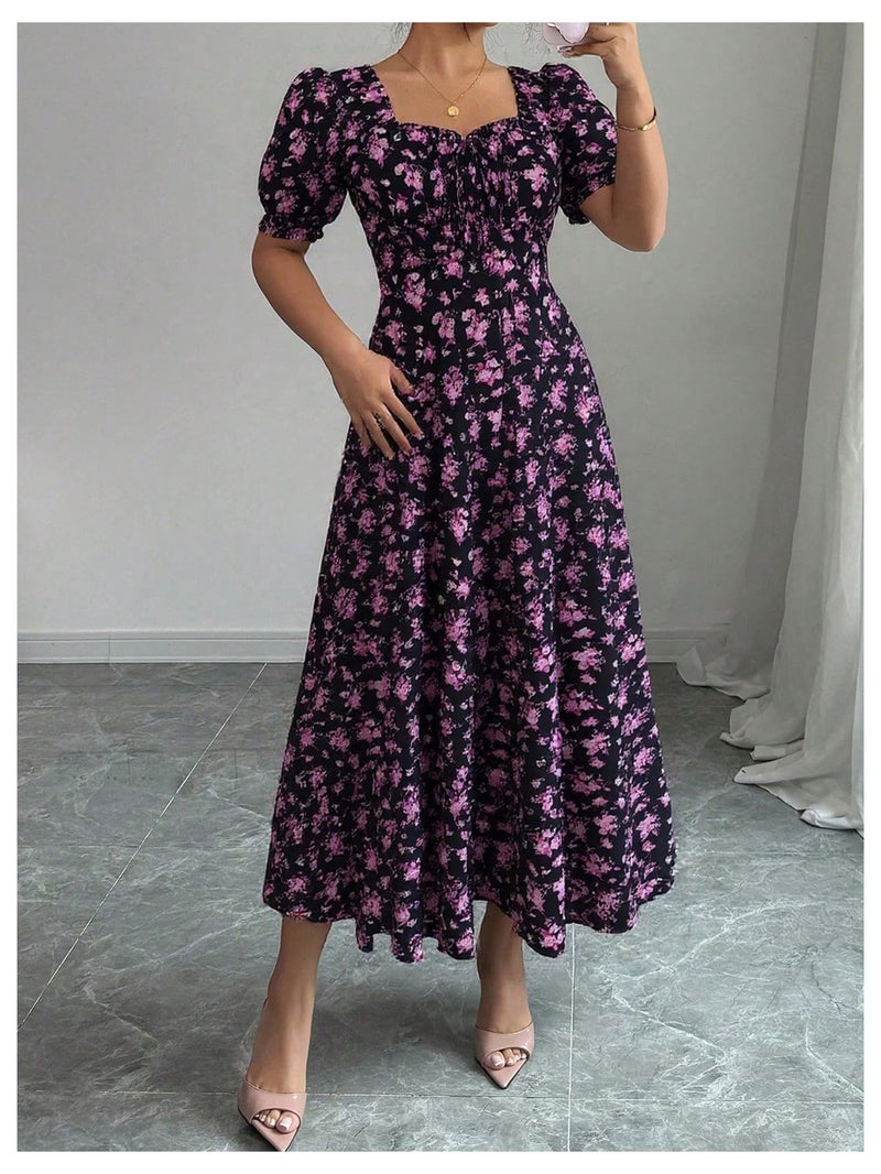 Floerns Women's Floral Short Puff Sleeve Milkmaid Dress Boho A Line Long Dresses Purple Large - Image 2