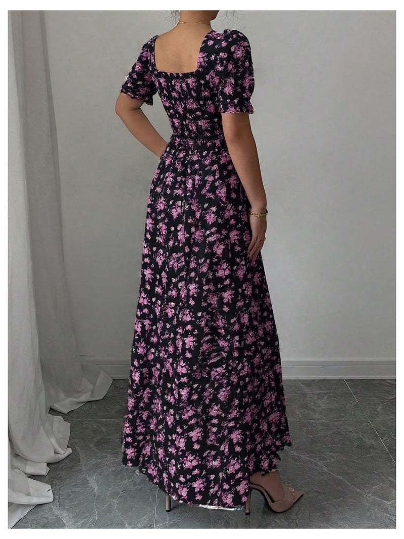 Floerns Women's Floral Short Puff Sleeve Milkmaid Dress Boho A Line Long Dresses Purple Large - Image 3