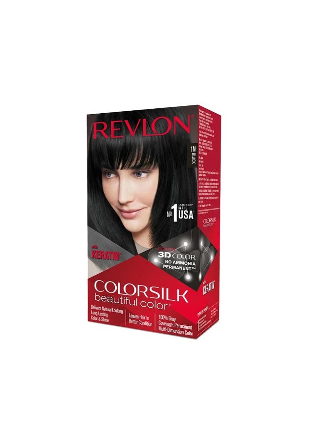 ريفلون صبغة الشعر الدائمة "ريفلون كولور سيلك" (Revlon ColorSilk) للنساء - لون شعر بجودة الصالونات في المنزل مع تغطية كاملة للشعر الأبيض بنسبة 100% | غنية ببروتين الكيراتين (Pro-Keratin) وخالية من الأمونيا | لون يدوم حتى 8 أسابيع | الدرجة: أسود 1N (عبوة واحدة) - Image 1
