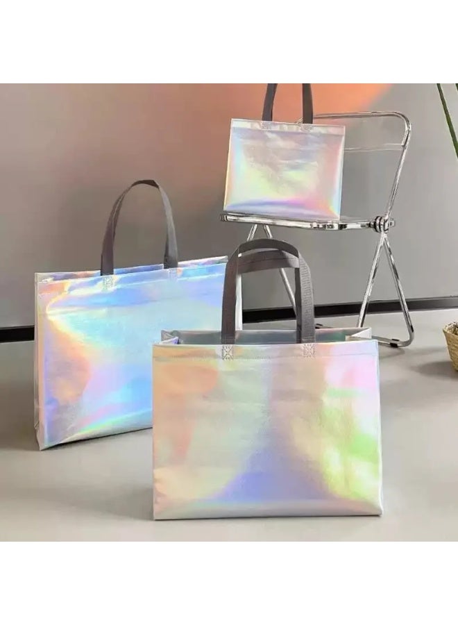 10 Pack Iridescent Holographic Reusable Gift Bags with Handles, Non-Woven Tote Bags for Parties - Image 4