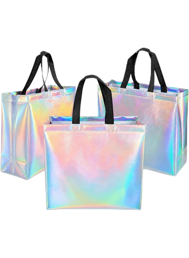 10 Pack Iridescent Holographic Reusable Gift Bags with Handles, Non-Woven Tote Bags for Parties - Image 1