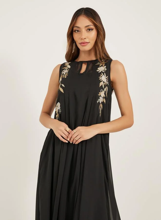 Styli Embroidered Sleeveless Shift Maxi Dress