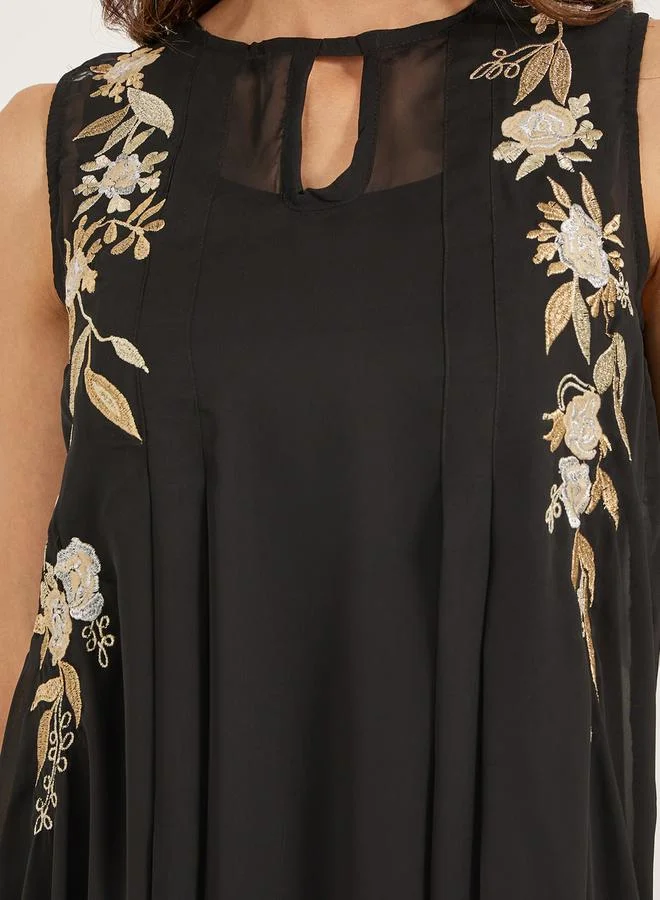Styli Embroidered Sleeveless Shift Maxi Dress