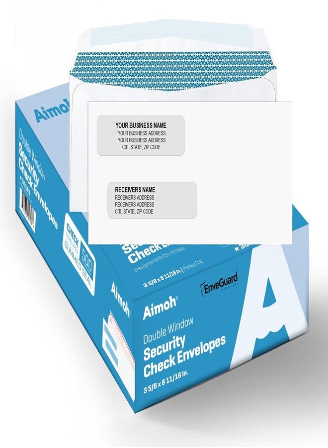 Aimoh 500#8 Double Window Gummed Security Envelopes - for Business Checks, QuickBooks & Quicken Checks, Size 3 5/8 x 8 11/16 Inches - Checks Fit Perfectly - Not for Invoices, 500 Count (30181) - Image 1