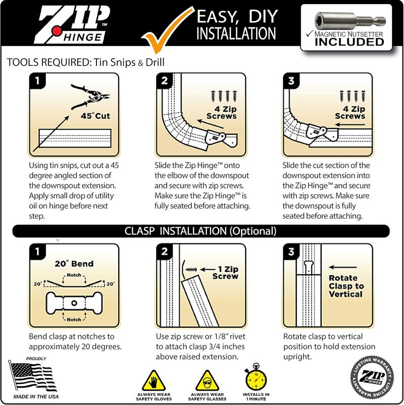 Zip Hinge 5 Pack Plus | Made in The USA Downspout Hinge | Hardware, Nutsetter & Instructions | DIY Installation on All Rectangle or Square Downspouts - Image 3