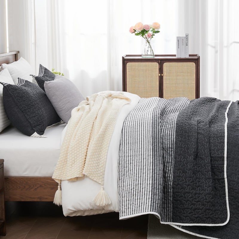 Andency Black White Striped Oversized King Quilt Set  3 Pieces (1 Quilt and 2 Pillowcases) Patchwork Bedspread Coverlet Set  Soft Lightweight Quilted Bedding Set(120x98Inch) - Image 2