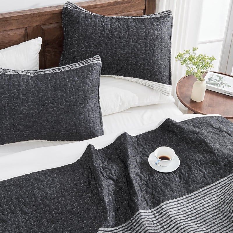 Andency Black White Striped Oversized King Quilt Set  3 Pieces (1 Quilt and 2 Pillowcases) Patchwork Bedspread Coverlet Set  Soft Lightweight Quilted Bedding Set(120x98Inch) - Image 3