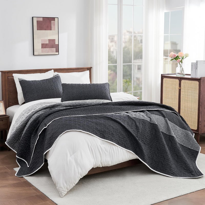 Andency Black White Striped Oversized King Quilt Set  3 Pieces (1 Quilt and 2 Pillowcases) Patchwork Bedspread Coverlet Set  Soft Lightweight Quilted Bedding Set(120x98Inch) - Image 4