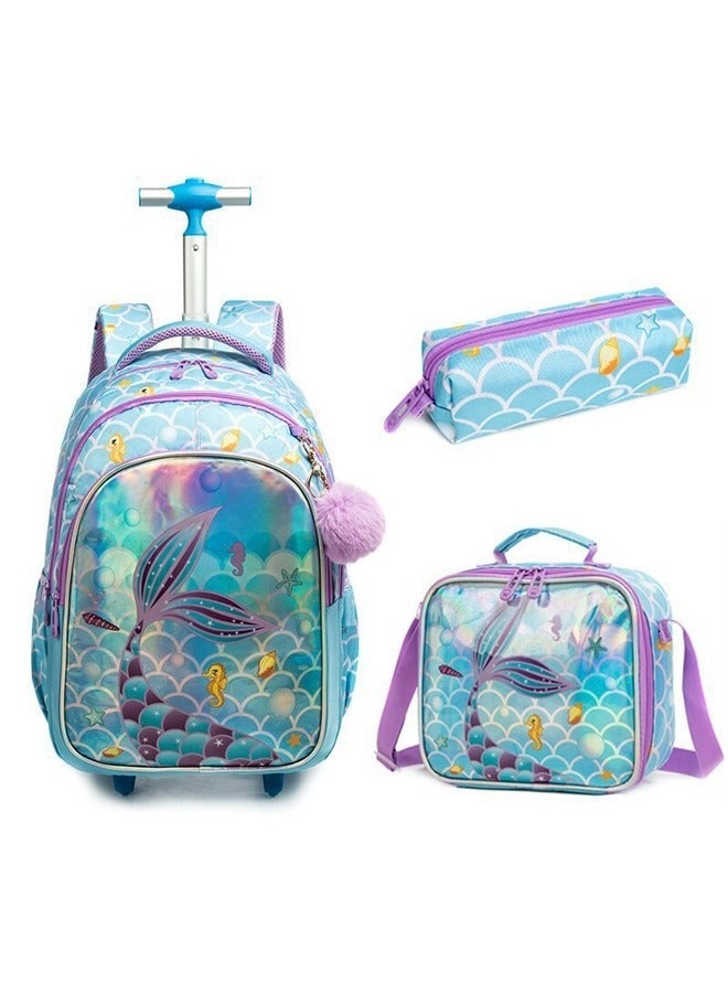 كيكي حقيبة ظهر بعجلات للأطفال مع حقيبة غداء ومقلمة للبنين والبنات، حقيبة ظهر بعجلات لأطفال المدارس للبنات مع حقائب ظهر بعجلات (حورية البحر) - Image 1