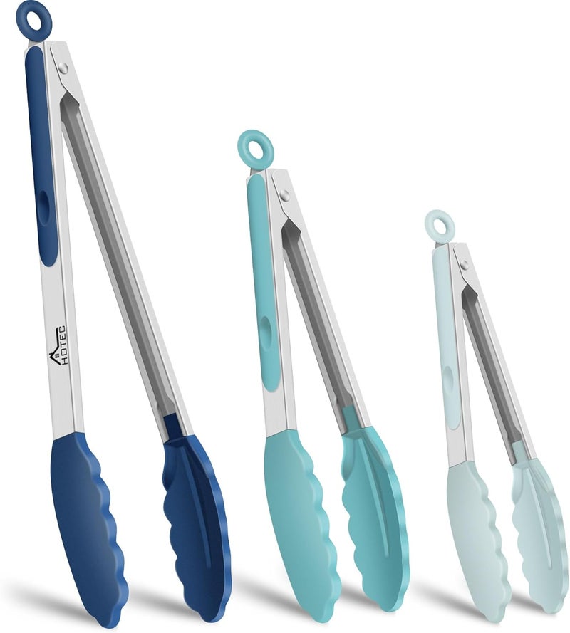 HOTEC Premium Stainless Steel Locking Kitchen Tongs with Silicon Tips, Set of 3-7", 9" and 12" (Gradient Blue) - Image 1