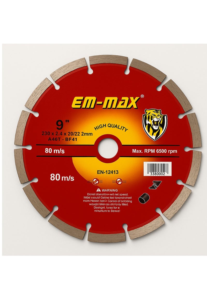 EM-MAX 230mm Turbo Wall Cutting Disc – Power and precision for cutting concrete with a galvanized blade for cutting and grinding granite, marble, tiles, and natural stones. - Image 1