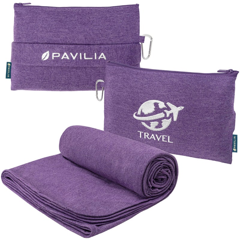 PAVILIA PAVILIA Travel Blanket Airplane Compact with Bag Small Travel Pillow Blanket for Long Flights Lightweight Plane Blanket with Luggage Strap Camping Blanket for Traveler Essentials Purple 65x40 