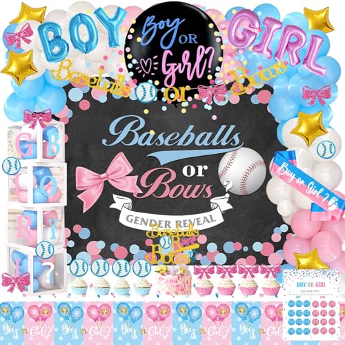 Hombae Baseball or Bows Gender Reveal Decorations 171 PCs Boy or Girl Gender Reveal Decorations Backdrop Balloon Garland Banner Tablecloth Cake Cupcake Topper Box Cutout Poster Sash Pink Blue - Image 1