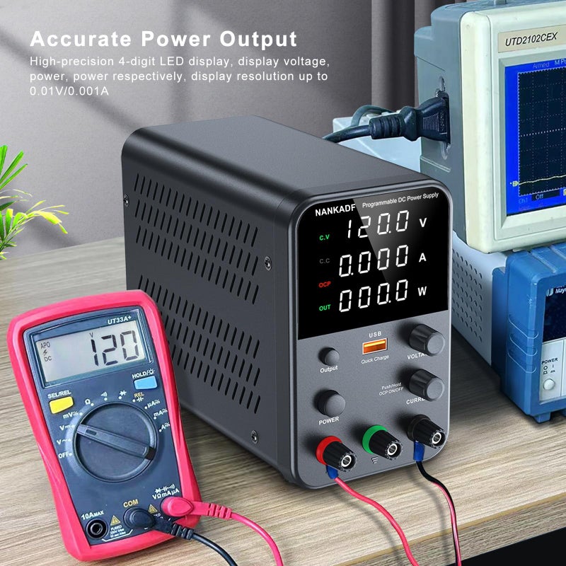 NANKADF DC Variable Bench Power Supply with Encoder Knob, Output Enable/Disable, USB Quick-Charge, Short Circuit Alarm (120V 3A Black) - Image 5