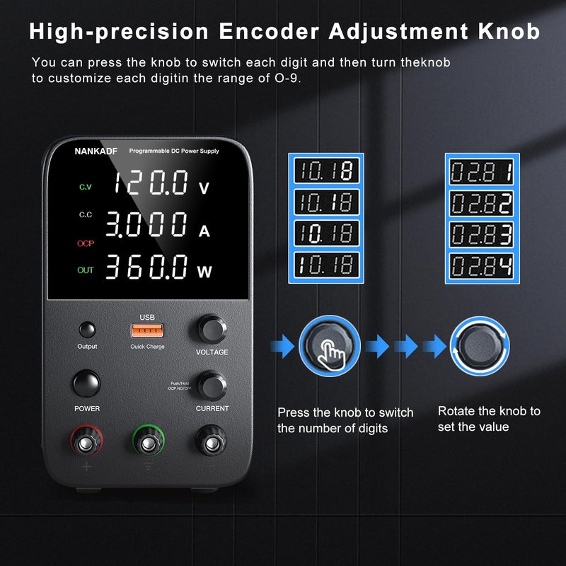 NANKADF DC Variable Bench Power Supply with Encoder Knob, Output Enable/Disable, USB Quick-Charge, Short Circuit Alarm (120V 3A Black) - Image 3