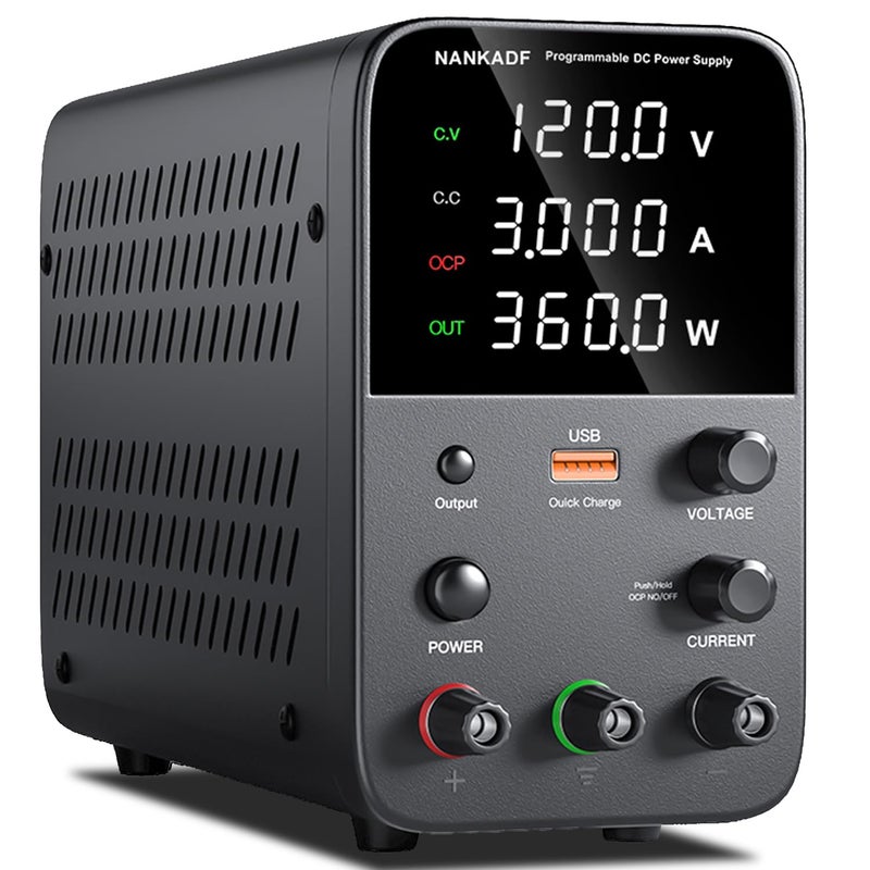 NANKADF DC Variable Bench Power Supply with Encoder Knob, Output Enable/Disable, USB Quick-Charge, Short Circuit Alarm (120V 3A Black) - Image 1