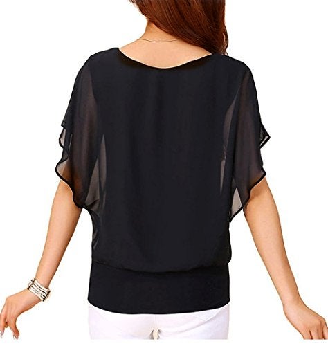 VIISHOW Women Chiffon Blouse Round Neck Short Sleeve Top Shirts Black S - Image 2