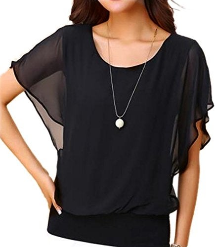 VIISHOW Women Chiffon Blouse Round Neck Short Sleeve Top Shirts Black S - Image 5