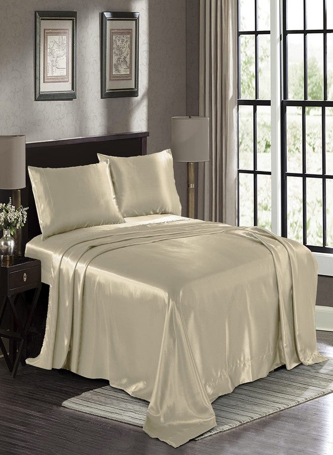 Pure Bedding ملاءات سرير ساتان كوين [4 قطع، لون ذهبي شامباني] ملاءات فاخرة ناعمة كالحرير - طقم ملاءات من الألياف الدقيقة فائقة النعومة 1800، مقاومة للتجاعيد والبهتان والبقع - ملاءة مثبتة بجيب عميق، ملاءة مسطحة، أغطية وسائد - Image 1