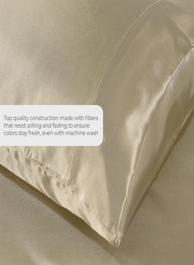 Pure Bedding ملاءات سرير ساتان كوين [4 قطع، لون ذهبي شامباني] ملاءات فاخرة ناعمة كالحرير - طقم ملاءات من الألياف الدقيقة فائقة النعومة 1800، مقاومة للتجاعيد والبهتان والبقع - ملاءة مثبتة بجيب عميق، ملاءة مسطحة، أغطية وسائد - Image 3