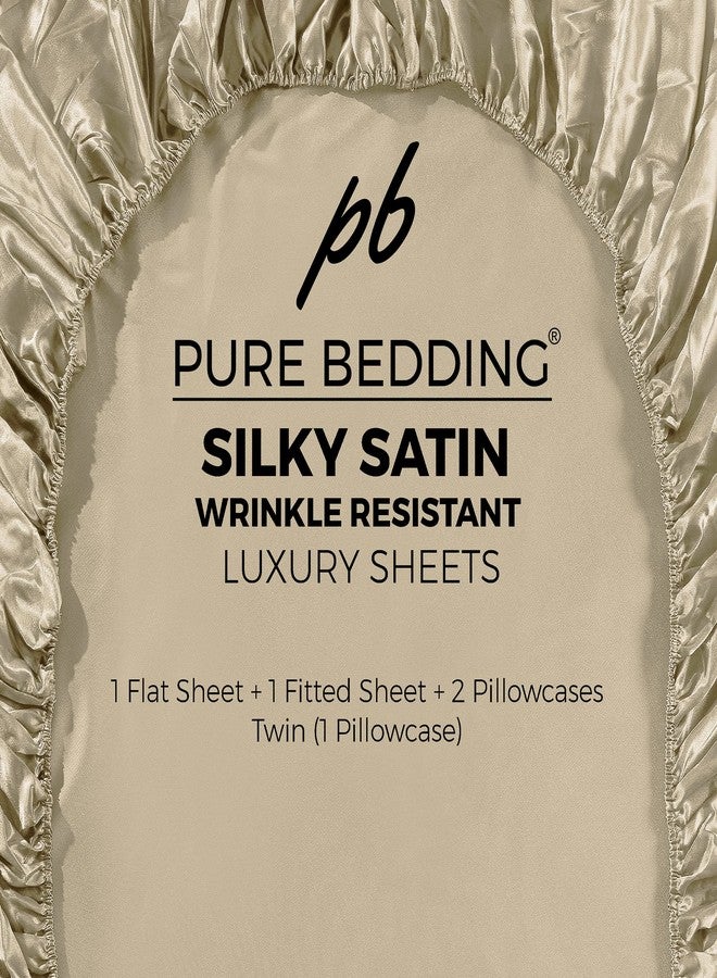 Pure Bedding ملاءات سرير ساتان كوين [4 قطع، لون ذهبي شامباني] ملاءات فاخرة ناعمة كالحرير - طقم ملاءات من الألياف الدقيقة فائقة النعومة 1800، مقاومة للتجاعيد والبهتان والبقع - ملاءة مثبتة بجيب عميق، ملاءة مسطحة، أغطية وسائد - Image 5