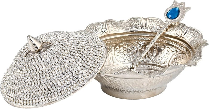 CopperBull Crystal Coated Handmade Brass Sugar Chocolate Candy Bowl Serving Dish with Lid  Spoon Silver  - Image 3