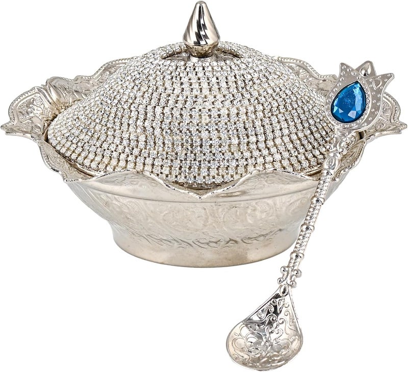 CopperBull Crystal Coated Handmade Brass Sugar Chocolate Candy Bowl Serving Dish with Lid  Spoon Silver  - Image 2