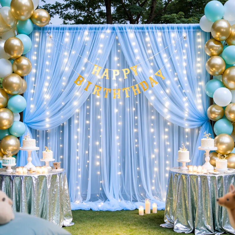 Suppromo Baby Blue Sheer Tulle Backdrop Curtains with Lights String for Parties Baby Shower Decorations for Boy Bridal Shower Birthday Party Photo Shoot Background Wall Decorations 10×8ft(2 Panels 5×8ft) - Image 3