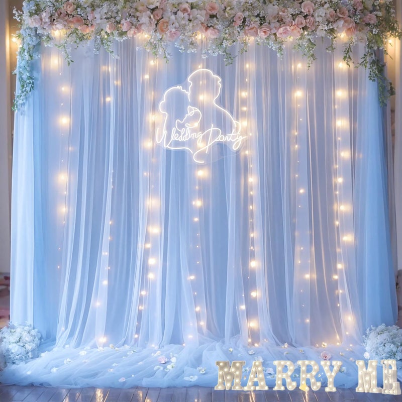 Suppromo Baby Blue Sheer Tulle Backdrop Curtains with Lights String for Parties Baby Shower Decorations for Boy Bridal Shower Birthday Party Photo Shoot Background Wall Decorations 10×8ft(2 Panels 5×8ft) - Image 2