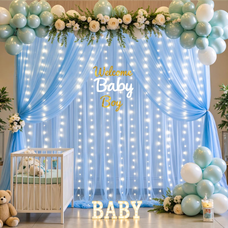 Suppromo Baby Blue Sheer Tulle Backdrop Curtains with Lights String for Parties Baby Shower Decorations for Boy Bridal Shower Birthday Party Photo Shoot Background Wall Decorations 10×8ft(2 Panels 5×8ft) - Image 5