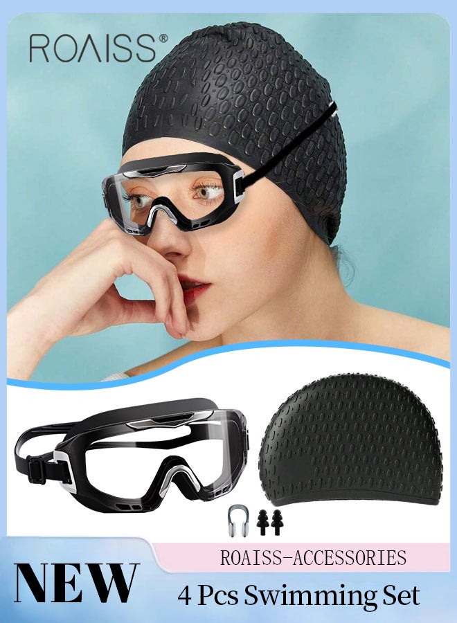 roaiss 4 Pcs Swim Goggle Set for Adults, High Definition fog Resistant Swimming Goggles, Beach Pool Swimming Gear with Goggle, Swimming Cap, Nose Clip and Earplugs  - Image 1
