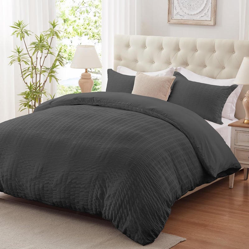 Cozyide Dark Grey Duvet Cover Queen Size 3 Pieces Bedding Duvet Covers Breathable Seersucker Duvet Cover Set with Zipper Closure and Corner Ties 1 Duvet Cover 90x90  2 Pillow Shams 20x26