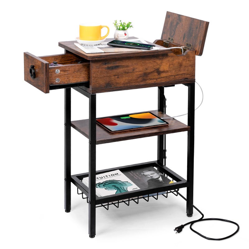 Cazacomzy Skinny End Tables with USB Ports and Outlets for Living Room, Slim Nightstand with Charging Station for Bedroom,Chair Side Table with Storage for Small Spaces,Rustic Side Table Recliner - Image 1