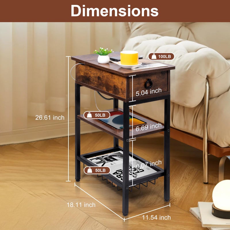 Cazacomzy Skinny End Tables with USB Ports and Outlets for Living Room, Slim Nightstand with Charging Station for Bedroom,Chair Side Table with Storage for Small Spaces,Rustic Side Table Recliner - Image 5