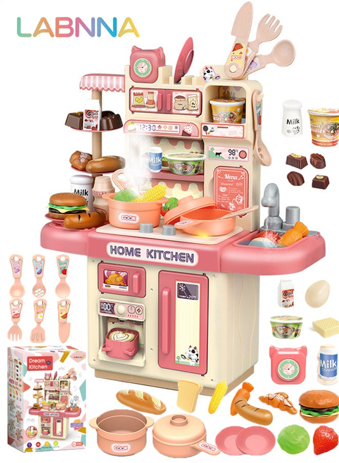LABNNA Kids Kitchen Play Set,Interactive Kids Kitchen Play Set with 34 Pcs of Pretend Kitchen Toys,Realistic Spray and Light, Simulated Functionality Suitable for Toddlers Boys Girls, Kids, Children, Pink - Image 1