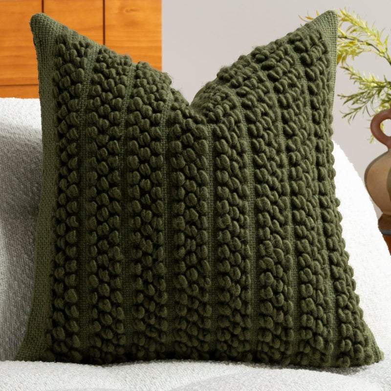DEZENE Wool Boucle Throw Pillow Cover Premium Chic Accents Square Textured Decorative Pillow Case for Living Room Couch Sofa Home Decor 18x18 Olive Green Christmas - Image 2