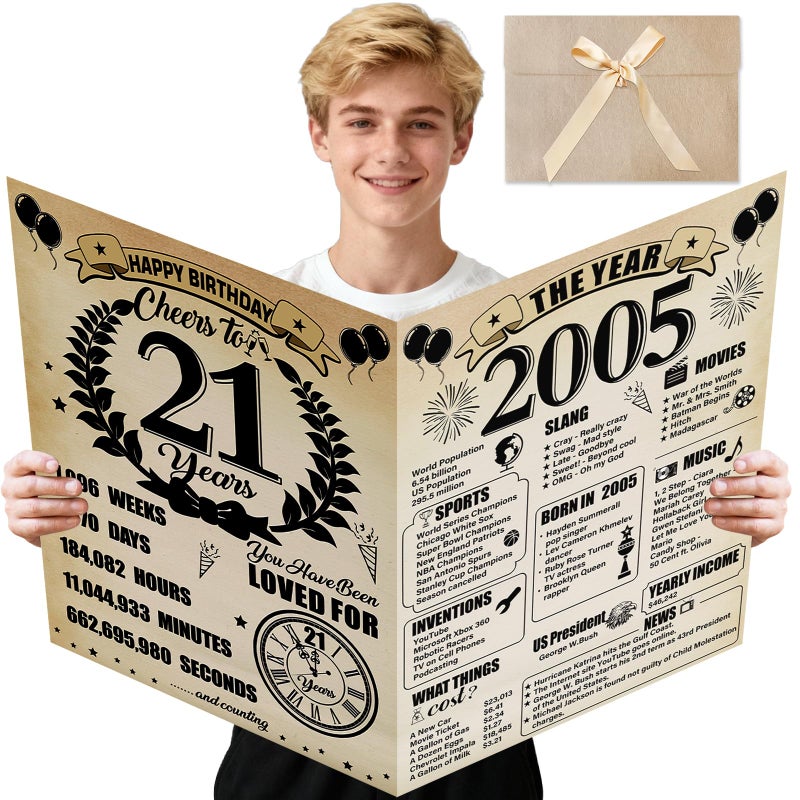 Uiorgui Large 21st Birthday Cards for Men Women, Vintage 2005 Happy 21st Birthday Greeting Card with Envelope Jumbo Twenty-one Guest Book Cheers to 21 Years Decorations Gifts Party Supplies - Image 1
