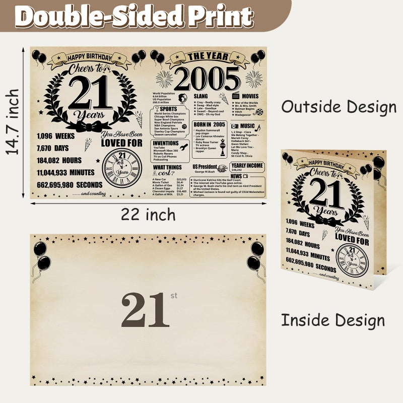 Uiorgui Large 21st Birthday Cards for Men Women, Vintage 2005 Happy 21st Birthday Greeting Card with Envelope Jumbo Twenty-one Guest Book Cheers to 21 Years Decorations Gifts Party Supplies - Image 2