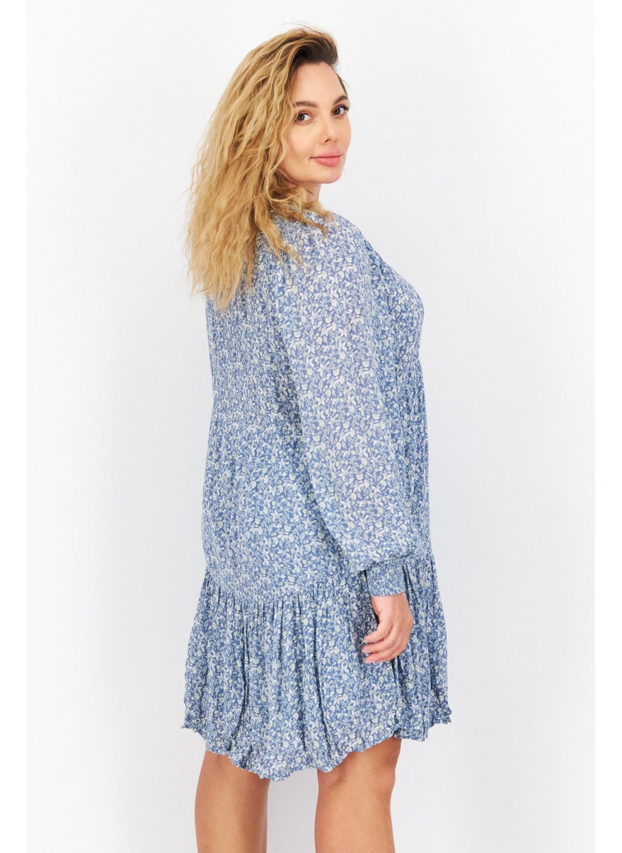 Gentle Fawn - Women Floral Print Long Sleeve Mini Dress, Slate Blue Combo - Image 1