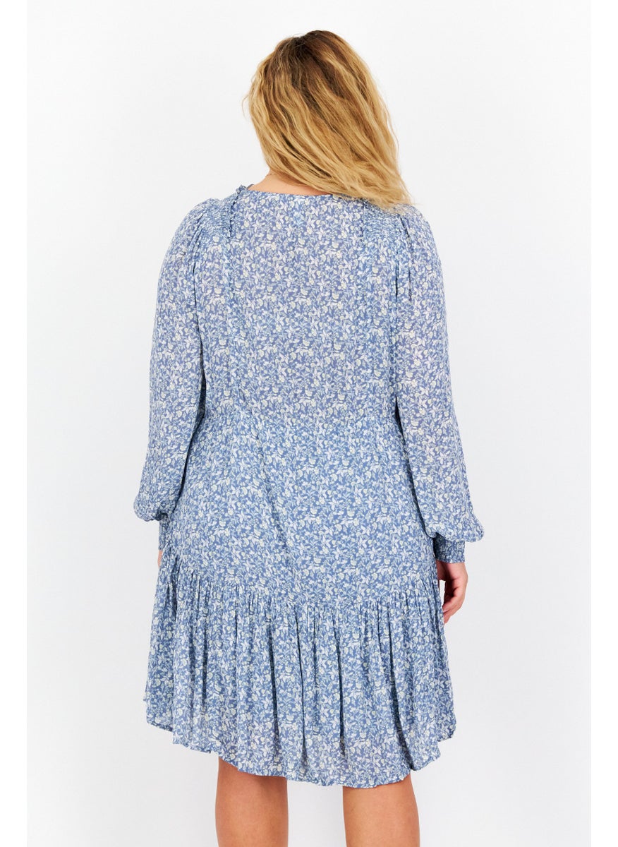 Gentle Fawn - Women Floral Print Long Sleeve Mini Dress, Slate Blue Combo - Image 1
