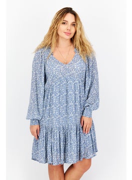 Women Floral Print Long Sleeve Mini Dress, Slate Blue Combo