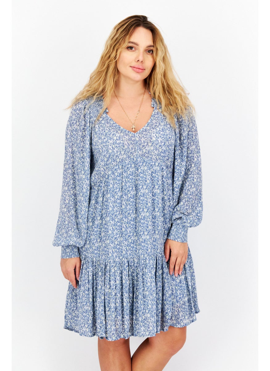 Gentle Fawn - Women Floral Print Long Sleeve Mini Dress, Slate Blue Combo - Image 1