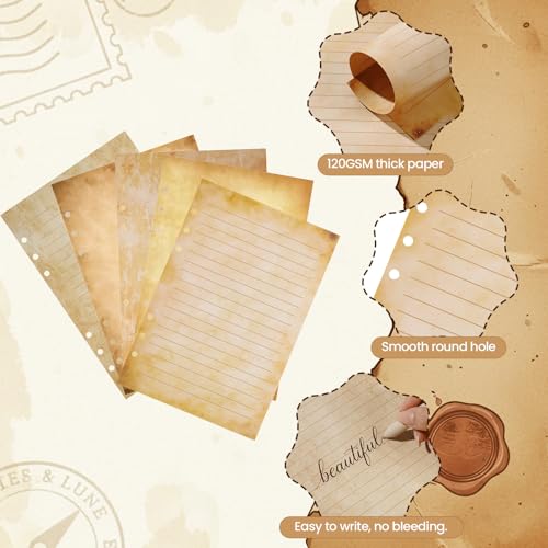 Pineraap 100 Sheets Vintage A5 Refills Papers for Planner Insert Binder, 120GSM Thick Antique Retro Notebook Fillers, Aged Look 6 Hole Loose Leaf Paper for Old Fashion A5 6 Ring Binder Journal Diary Graduation - Image 3