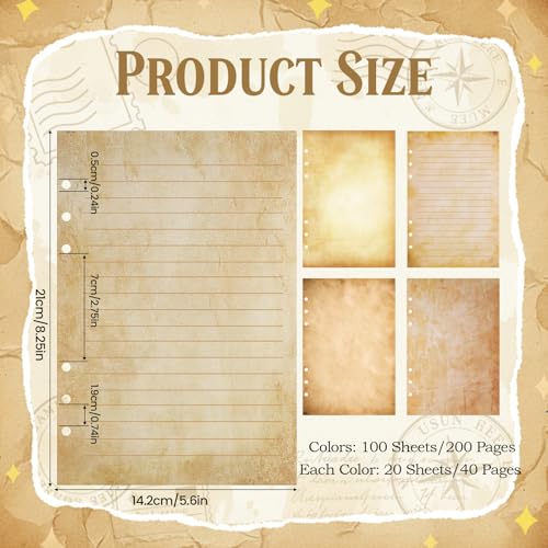 Pineraap 100 Sheets Vintage A5 Refills Papers for Planner Insert Binder, 120GSM Thick Antique Retro Notebook Fillers, Aged Look 6 Hole Loose Leaf Paper for Old Fashion A5 6 Ring Binder Journal Diary Graduation - Image 2